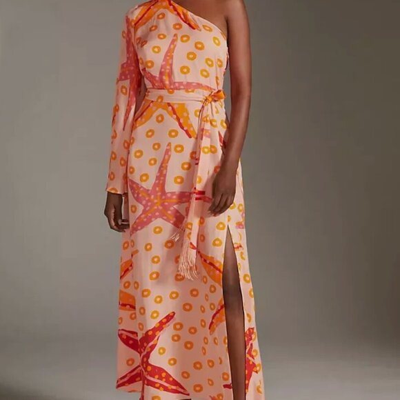 Farm Rio Dress One Shoulder Maxi Long Sleeve Side Slit Starfish Orange New XS - Picture 4 of 7